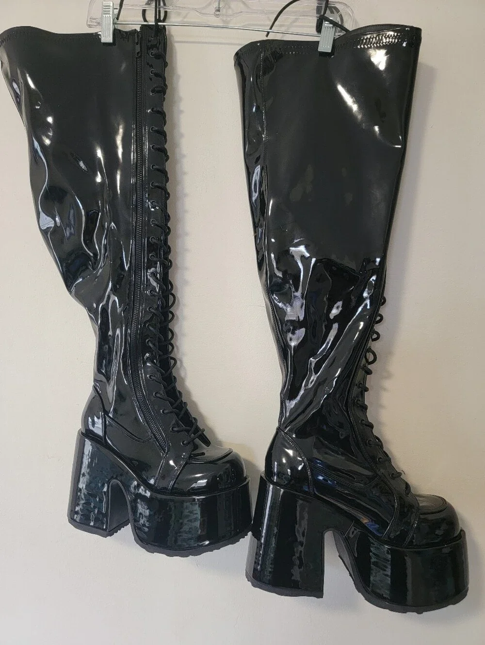 Demonia Camel 300wc High-Shine Black Patent Platform Knee-High Boots